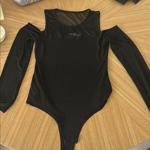 BCBGeneration Black Long Sleeve Cold-Shoulder Mesh Yoke Bodysuit
